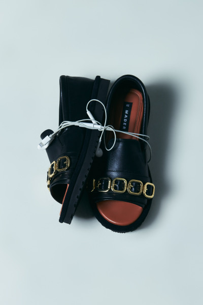 Open Toe Loafers - Black/Gold Buckles